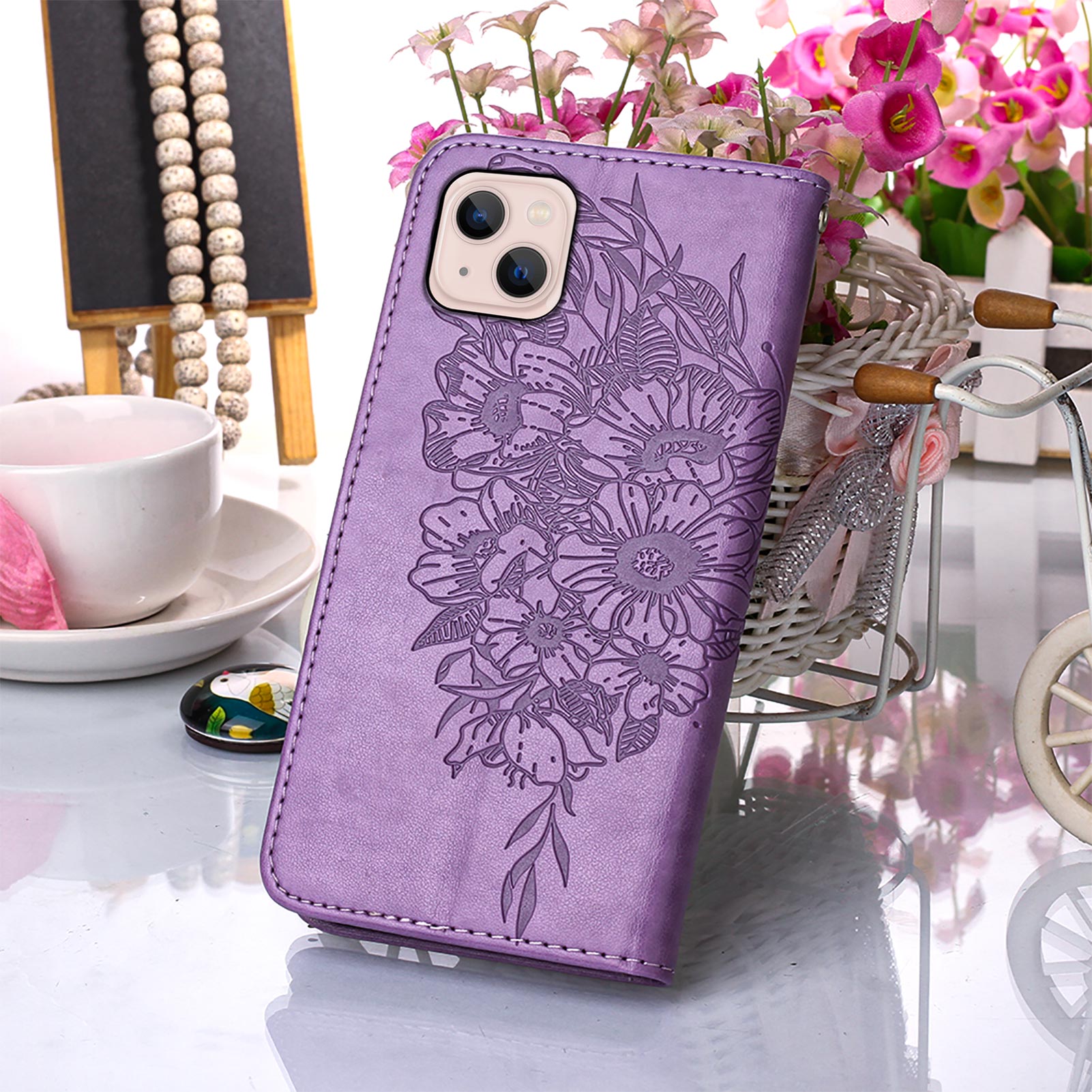 YB Imprinting Series-4 For iPhone 15 Plus Wallet Butterfly Flower Imprinted Cover PU Leather Stand Phone Case with Hand Strap - Purple YB Imprinting Series-4 For iPhone 15 Plus Wallet Butterfly Flower Imprinted Cover PU Leather Stand Phone Case with Hand Strap - Purple